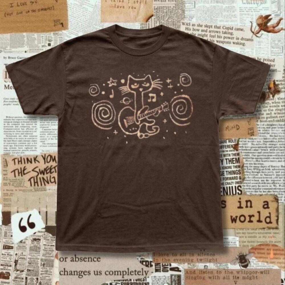Brown Cat Playing Guitar With Musical Notes And Swirls Graphic Tee